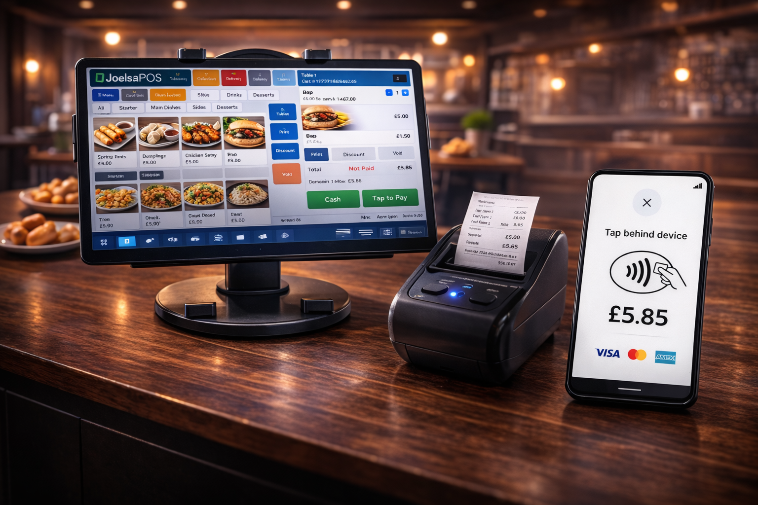 Tablet POS with printer and tap to pay phone